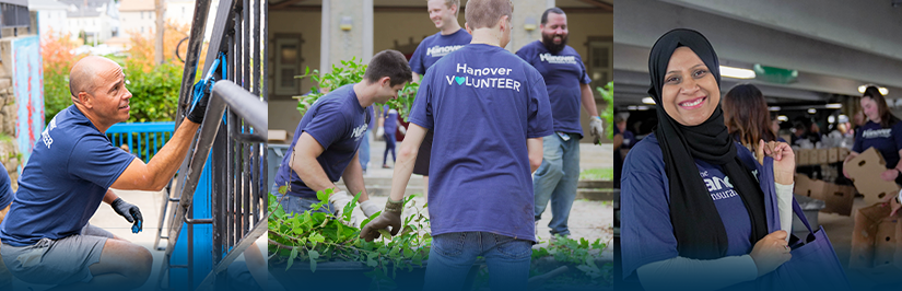 Hanover employees volunteering in the community wearing Hanover Volunteer t-shirts