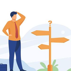 Illustration of a man scratching his head while looking at direction signs