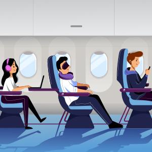 illustration of students on a plane sitting in their seats and relaxing